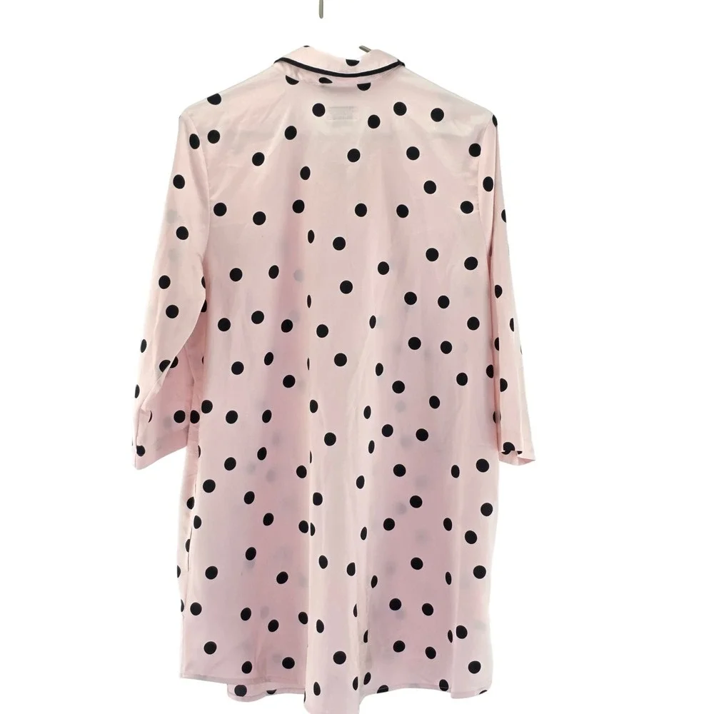Kate Spade Sleep Shirt Womens Large Pink Polka Dot Satin Button Down Piping 6194